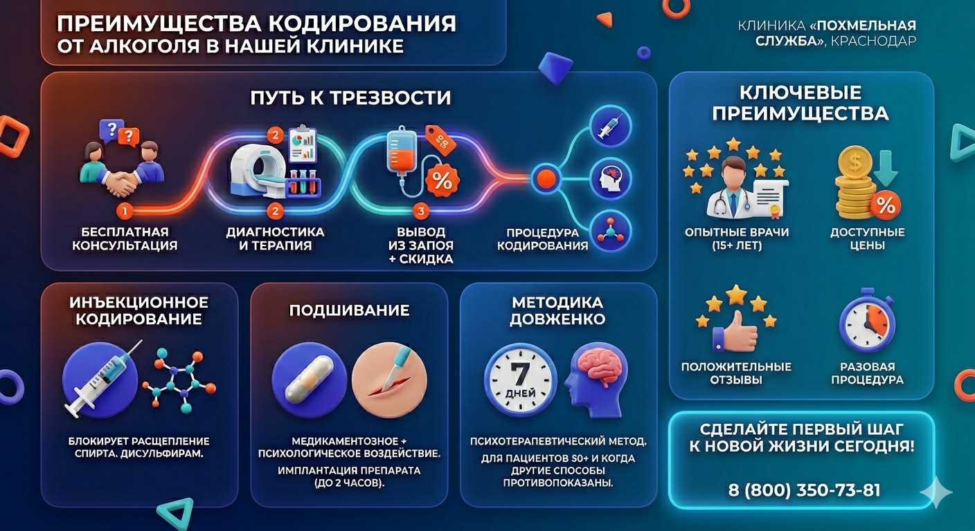 Инфографика о методах кодирования от алкоголя в Топках: инъекции, подшивание, метод Довженко. Преимущества клиники и этапы лечения.